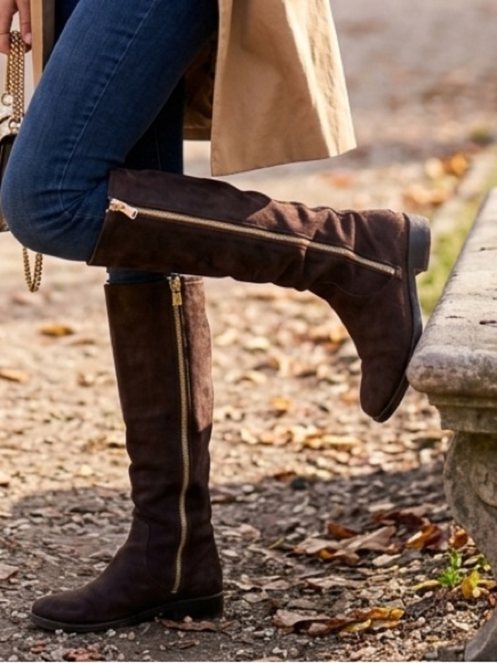 Jimmy Choo Dark Brown Suede Knee-High Boots with Gold Zipper